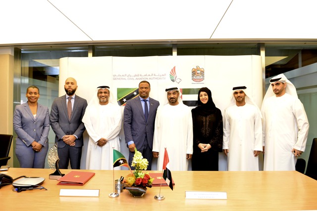 (L-r) DCG Elsa Wilkin Armbrister, CG Justin Hawley, His Excellency Saif Mohammed Al Suwaidi, Foreign Affairs Minister in St. Kitts and Nevis Hon. Mark Brantley, Sheikh Ahmed bin Saeed Al Maktoum, Her Excellency Reem Al Hashimi, Abdulla Youseef Al Hosani - Lawyer and Manager of Air Transport Agreements, and Ahmd Abdulhamid Almulla - Desk Officer with responsibility to the Caribbean