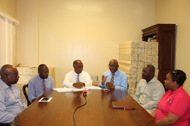 (l-r) Generation Manager at the Nevis Electricity Company Limited Earl Springette; Acting General Manager of Nevis Electricity Company Limited [NEVLEC] Jervan Swanston; Premier of Nevis Hon. Vance Amory; Wӓrtsilӓ representative, Rodney George, Vice President of Wӓrtsilӓ Caribbean, Inc.; Farrell Smithen Chairman of the Board of the Nevis Electricity Company Limited; and Member of the Board Janesha Daniel at the Nevis Electricity Company Limited’s Board Room on Long Point Road on November 25, 2016, at the  signing ceremony between the NEVLEC and Wӓrtsilӓ for the provision of a 3.85 megawatt engine