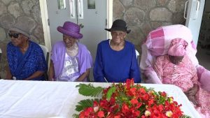 (L-r) Florence ‘Mama Katie’ Liburd, Rosetta Hull, Artemisia “Ettie Jeffers and Celian “Martin” Powell four of the eight centenarians honoured recently by the Social Services Department, Senior Citizens Division in the Ministry of Social Development