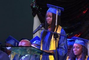 Ms. Azel Williams of the Charlestown Secondary School Graduating Class of 2017 delivering remarks on behalf of Valedictorian Mckebou Tross at the Charlestown Secondary School and the Nevis Sixth Form College Graduation and Prize-giving Ceremony on November 15, 2017, at the Nevis Cultural Complex