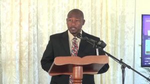Mr. Brian Dyer, Director of the Nevis Disaster Management Department delivering remarks recently at the closing ceremony of the Improving Disaster Resilience and Emergency Shelter Management Project on Nevis at the Albertha Payne Community Centre at Bath Village