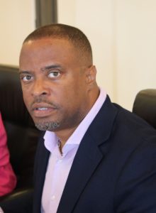 Hon Mark Brantley, Premier of Nevis and Minister of Security in the Nevis Island Administration, at a Cabinet meeting at Pinney’s with the high command of the Royal St. Christopher and Nevis Police Force, Nevis Division, on January 24, 2018