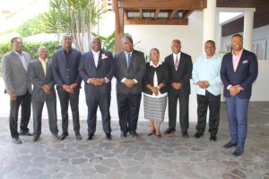 (l-r) Hon. Eugene Hamilton; Hon. Lindsay Grant; Hon. Shawn Richards, Deputy Prime Minister; Hon. Timothy Harris, Prime Minister of St. Kitts and Nevis; Vincent Byron, Attorney General; Ms. Josephine Huggins; Hon. Vance Amory; Hon. Ian Liburd; and Hon. Mark Brantley, Premier of Nevis on the occasion of a Cabinet Meeting of the Government of St. Kitts and Nevis at the Four Seasons Resort, Nevis, on February 19, 2018