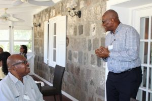 His Excellency Sir Rodney Williams, Governor General of Antigua and Barbuda delivering remarks on behalf of colleagues from the Caribbean Region during a visit to Nevis, hosted by colleague (seated) His Excellency Sir Tapley Seaton, Governor General of St. Kitts and Nevis on April 09, 2018