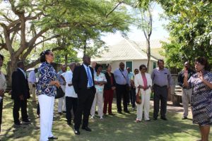 Ms. Nicole Liburd Executive Director of the Nevis Historical and Conservation Society welcoming Governors-General and Presidents from the Caribbean Region to the Alexander Hamilton Museum in during a visit to Nevis on April 09, 2018