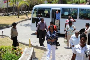 Governors-General and Presidents of the Caribbean Region, delegates at the 16th Conference of Governors-General and Presidents of the Caribbean Region arrive at the Nisbett Plantation Beach Club during a visit to Nevis on April 09, 2018