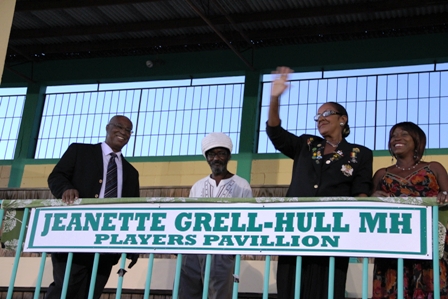 Honouree Jeanette Grell-Hull (third from left) savours the moment with (L-R) Premier of Nevis Hon. Joseph Parry, her son Mr. Glen “Ibo” Howell and friend Ms. Vera Herbert moments after the Players Pavilion at the Grell-Hull-Stevens Netball Complex was named in her honour