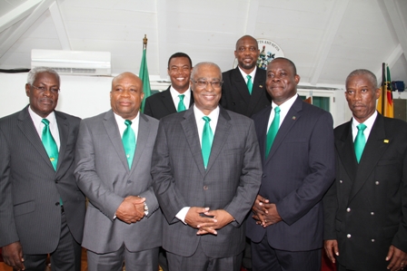 Premier of Nevis Hon. Joseph Parry (second from left) with his colleagues (L-R) Legal Advisor in the Nevis Island Administration Mr. Herman Liburd, Deputy Premier Hon. Hensley Daniel, Hon. Robelto Hector, Cabinet Secretary Mr. Ashley Farrell (back row L-R) Hon. Dwight Cozier and Hon. Carlisle Powell