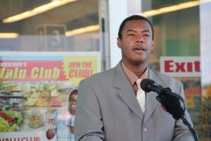Minister responsible for Trade and Industry and Consumer Affairs on Nevis Hon. Dwight Cozier delivering remarks at the dedication of Horsford’s Valu Mart IGA Supermarket and Commercial Complex at Farms Estate in Nevis