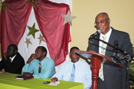 Premier Parry making the address to his right are Mr Eric Evelyn who was the Master of ceremonies, Dr Kelvin Daley (PS Ministry of Agriculture), and Hon Robelto Hector, Minister of Agriculture and Parliamentary Representative for Charlestown