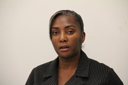 Director of in the Department of Physical Planning, Natural Resources and Environment on Nevis Mrs. Angela Walters-Delpeche at a Sand Mining Symposium at a Sand Mining Symposium at the Llewelyn Newton Disaster Management Facility’s conference room at Long Point