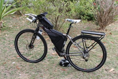 One of the two bicycles cyclists Ms. Kristina Storey and Mr. Nick Arney of Australia hope to use on their 300 day world tour when they leave Nevis April 1st, 2012