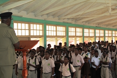 Form 1-5 students at the Gingerland Secondary School listen to Commissioner of Police in the Royal St. Christopher and Nevis Police Force Celvin G. Walwyn at the school’s auditorium on Tuesday April 24, 2012