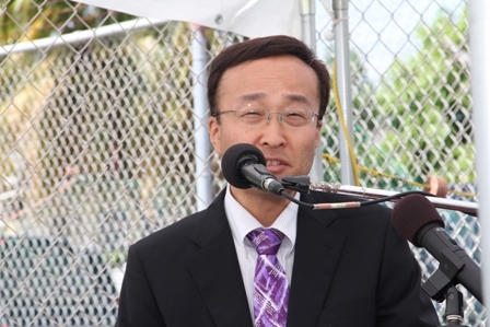 Chief Representative of the Japan International Cooperation Agency (JIAC) Mr. Shoji Ozawa delivering remarks at the Grant Signing and Exchange of Notes ceremony between the Governments of Japan and St. Kitts and Nevis for the Charlestown Community Fisheries Complex at Gallows Bay on April 27, 2012
