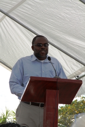 Director of Projects in the Ministry of Communication and Works Mr. Denzil Stanley giving an overview of the Charlestown Primary School Cafeteria Project at the official handing over of the ultra modern cafeteria to the Charlestown Primary School on April 25, 2012