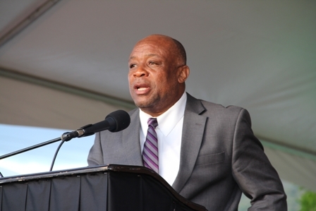 Minister of Culture in the Nevis Island Administration Hon. Hensley Daniel delivering remarks at the official opening of the Nevis Performing Arts Centre at Pinneys on April 28, 2012