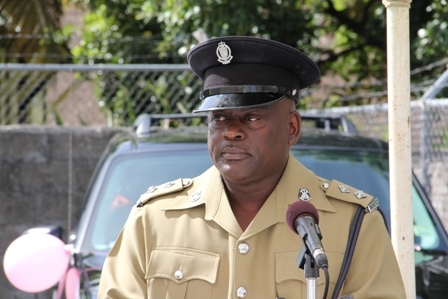 Officer in charge of the Charlestown police Station Inspector Trevor Mills delivering welcome remarks at the handing over ceremony of vehicles to the Royal St. Christopher and Nevis Police Force Nevis Division. He also served as chairperson for the occasion