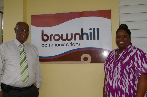 Premier of Nevis, Hon. Joseph Parry with Mrs. Chanelle Pinney-Myers outside Brown Hill Communications