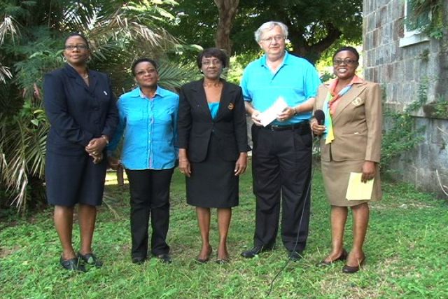 (l-r) Tarsus Trust Co. Ltd. Office Manager on Nevis Mrs. June Hanley-Pemberton, the Nevis Renal Society’s Public Relations Officer Ms. Florene Williams, Treasurer Ms. Paulette Hanley, President of the Tarsus Trust Co. Ltd. Mr. Thomas “Tom” Ferneau and the Society’s President Mrs. Alexia Pemberton