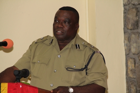 Divisional Officer of the Royal St. Christopher and Nevis Police Force, Nevis Division Superintendent Hilroy Brandy delivering remarks at the Division’s annual New Year Blessing ceremony at headquarters in Charlestown