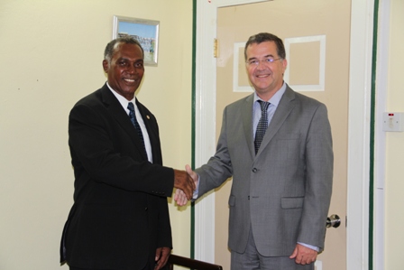 Canada’s Ambassador to St. Kitts and Nevis His Excellency Mr. Richard Hanley visits with Premier of Nevis Hon Vance Amory at Government Headquarters in Bath Hotel, Bath Plain during his visit to the Federation to present his credentials