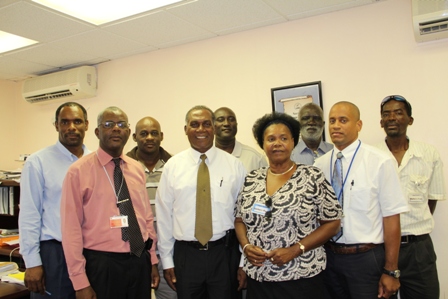 Members of the new Board of Directors of the Nevis Air and Sea Ports Authority (NASPA) (L-R back row) Chairman of the Board Mr. Colin Dore, Mr. Joseph Liburd. Mr. Mackie France, Mr. Clinton Swanston and Mr. Lemuel Pemberton (L-R front row) NASPA senior Manager Mr Oral Brandy, Premier and Minister of Finance in the Nevis Island Administration Hon. Vance Amory, Ms. Florence Williams and Senior Manager of NASPA Mr. Stephen Hanley