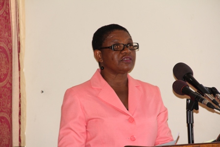 Education Officer in the Department of Education on Nevis Mrs. Palsy Wilkin delivering welcome remarks at the start of the Teacher Appraisal Workshop for Education Officials and Principals at the Red Cross conference room