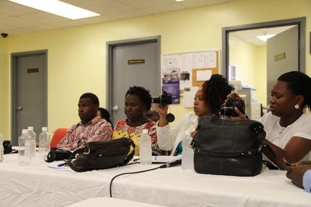 Local media practitioners on Nevis attending a press conference to announce the Nevis Island Administration’s zero-tolerance campaign against illegal sand mining on Nevis at the Llewellyn Newton Disaster Management Facility at Long Point