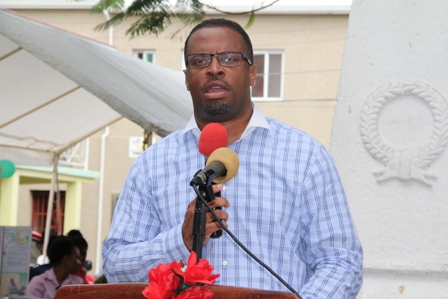 Deputy Premier of Nevis and Senior Minister of Social Development Hon. Mark Brantley delivering remarks at a health fair hosted by the Ministry of Social Development through its Gender Affairs Unit to mark International Men’s Day at the Memorial Square on November 19, 2013