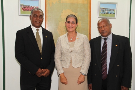 (L-R) Premier of Nevis Hon. Vance Amory, visiting Ambassador of Spain based in Jamaica Her Excellency Mrs. Celsa Nuno and Honorary Consul of Spain based in St. Kitts Mr. Gary Da Silva at the Premier’s Bath Plain office on October 28, 2013