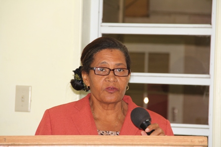 Maths Coordinator on Nevis Ms. Sylvia Fahie delivering remarks at the ceremony at the Department of Education in Marion Heights. The function was held to facilitate the handing over of a sponsorship cheque from the Royal Bank of Canada (RBC) RBTT to the Department of Education for the Maths Bowl in 2014