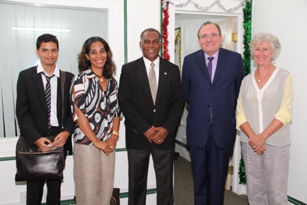 (l-r) Panamanian colleague to French Ambassador to the OECS, Honorary Consul of France in St. Kitts and Nevis Ms. Shawna Lake, Premier of Nevis Hon. Vance Amory and French Ambassador to the Organization of Eastern Caribbean States (OECS) based in St. Lucia His Excellency Eric de la Moussaye and his wife