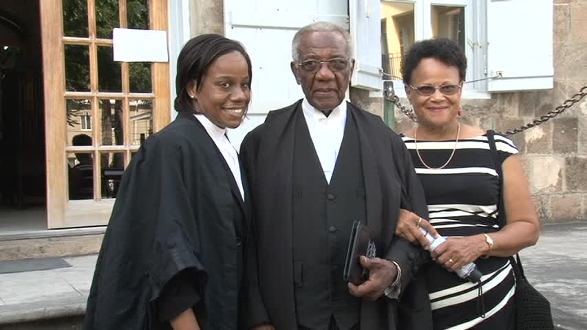 Senior Lawyer on Nevis Mr. Theodore Hobson QC after a special sitting of the High Court in Nevis in honour of the 50 year since his admittance to the Bar in St. Christopher and Nevis in November 1963 with his wife Daphne and daughter (a lawyer) Farida