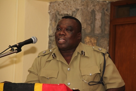 Superintendent Hilroy Brandy Divisional Commander of the Royal St. Christopher and Nevis Police Force, Nevis Division, delivering remarks at the Division’s annual New Year Programme, at the Charlestown Police Station’s recreational room on January 06, 2014