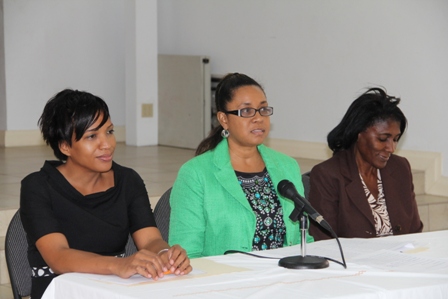 (L-R) Permanent Secretary in the Ministry of Health on Nevis Nicole Slack-Liburd, Pan American Health Organization Country Programme Specialist for St. Kitts and Nevis Dr. Patrice Lawrence and Pan American Health Organization/OECC Family Health Advisor Dr. Beryl Irons at the Human Papilloma Virus and Vaccine Acceptability Study Workshop at the St. Paul’s Anglican Church conference room on January 29, 2014