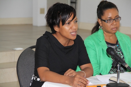 (L-R) Permanent Secretary in the Ministry of Health Nicole Slack-Liburd and Pan American Health Organization Country Programme Specialist for St. Kitts and Nevis Dr. Patrice Lawrence at the Pan American Health Organization and Nevis Island Administration sponsored Human Papilloma Virus and Vaccine Acceptability Study Workshop at the St. Paul’s Anglican Church conference room on January 29, 2014