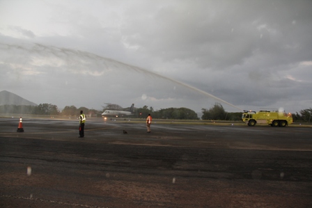 Seaborne Airlines gets a Water welcome at the Vance W. Amory International Airport on January 22, 2014, as the aircraft taxies on the runway