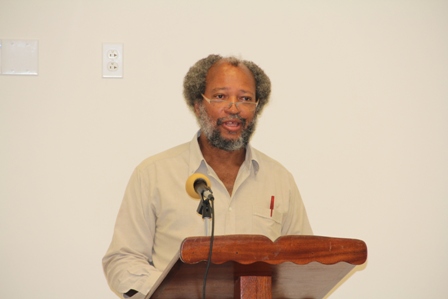 Director of the Nevis Disaster Management Department Lester Blackett delivering remarks at the opening ceremony for the Kitts and Nevis National Tsunami Adaptation Workshop at Long Point on February 19, 2014
