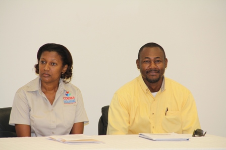 (L-R) Donna Pierre, Mitigation and Preparedness Specialist, and workshop facilitator from the Caribbean Disaster Emergency Management Agency and Brian Dyer Project Officer at the Nevis Disaster Management Department at the opening ceremony for the Kitts and Nevis National Tsunami Adaptation Workshop at Long Point on February 19, 2014