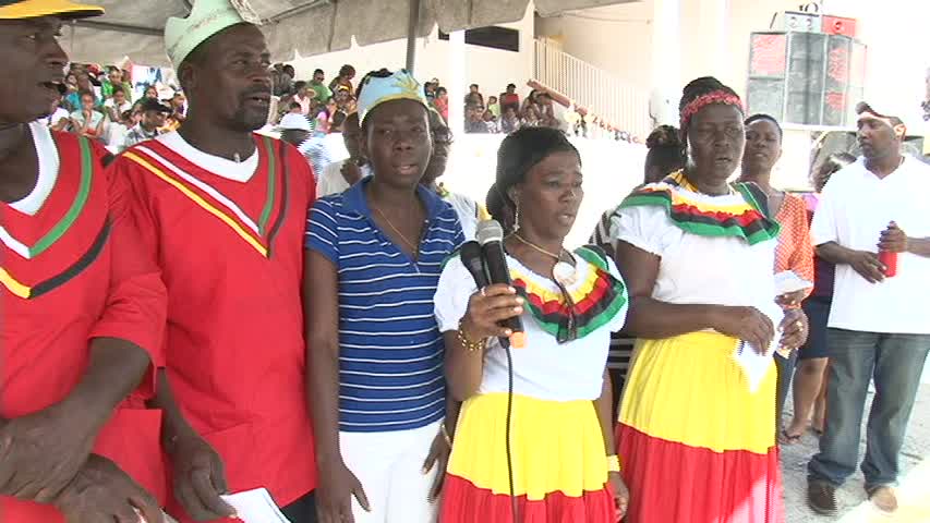 The Guyanese Association of Nevis Choir renders a patriotic song during Guyana Republic Day celebrations on Nevis hosted by the Association at the Elquemedo T. Willett Park on February 22, 2014
