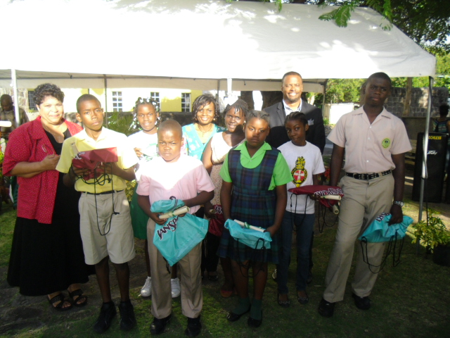 Primary and Secondary School quiz winners with Executive Director of the Nevis Historical and Conservation Society Evelyn Henville (extreme left back row), Tourism Education Officer in the Ministry of Tourism Vanessa Webbe (second from right back row) and Deputy Premier of Nevis and Minister of Culture Hon. Mark Brantley (extreme right back row). The contests were coordinated by the Society and the Ministry of Tourism in collaboration with VON Radio