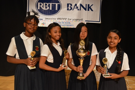 Charlestown Secondary School students (L-R) Ercha Stapleton, Gabriella Brantley, Kelly Zheng and Indra Joylall, winners of the first Lower Secondary School Math Bowl sponsored by the RBC/Royal Bank of Trinidad and Tobago (RBTT) Ltd.