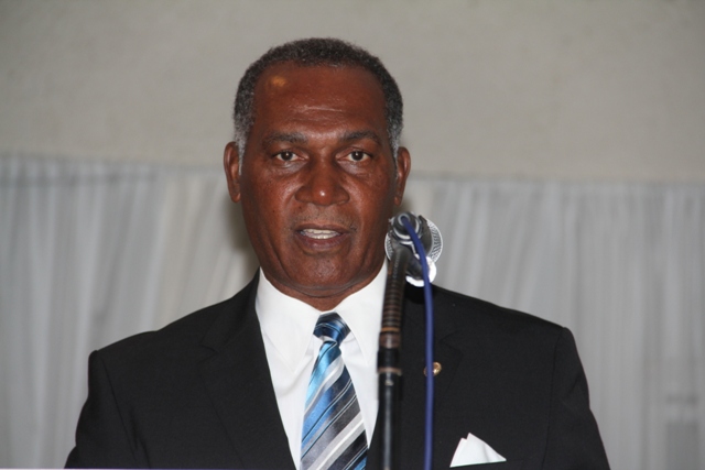 Premier of Nevis Hon. Vance Amory delivering remarks at the 11th annual Police Constables Award Ceremony and Dinner of the Royal St. Christopher and Nevis Police Force, Nevis Division on March 01, 2014, at the Occasions Entertainment Arcade