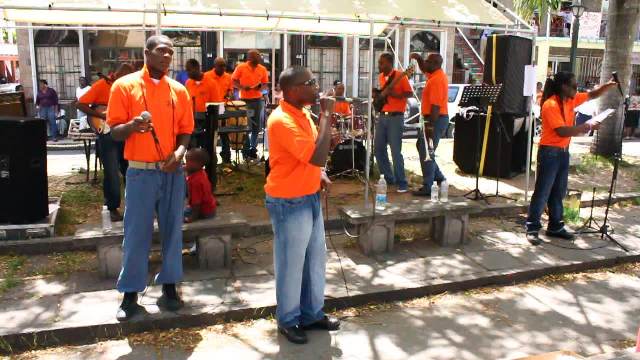 Members of the Rehabilitation Group Impression (RGI), a two-year-old band at Her Majesty’s Prison in Basseterre, performing live in concert at the Memorial Square in Charlestown on April 25, 2014 as part of the Ministry of Social Development’s Youth Month 2014 activities