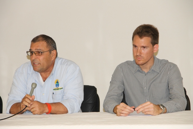 (L-R) Chief Executive Officer of Isratech Jamaica Ltd. Sharom Hodara and Marco Millo Service Engineer of Ritmo in Italy and facilitator at the start of a one-week training session for field workers of the Nevis Water Department, their counterparts in St. Kitts and the Public Works Department on May 27, 2014 in preparation for civil works on the CDB-funded Water Supply and Enhancement Project on Nevis