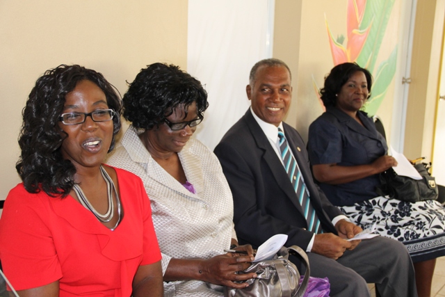 (L-R) Present Supervisor of the Special Education Unit Violet Clarke, Reverend Cecele Browne, the first supervisor of the Unit in whose name the school was renamed; Premier of Nevis and Minister of Education Hon. Vance Amory and Permanent Secretary in the Ministry of Education Lornette Queeley-Connor at the renaming ceremony of the Special Education Unit on April 29, 2014