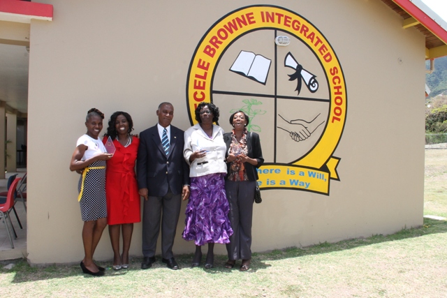 Past and president supervisors at the Special Education Unit on Nevis with Reverend Cecele Thompson-Browne (second from right) and Premier of Nevis Hon. Vance Amory (third from right) moments after the school was re named in her honour as the Cecele Browne Integrated School on April 29, 2014. (L-R) Deputy Principal Jennifer Liburd, Principal Violet Clarke and former Principal Adella Francis-Meade