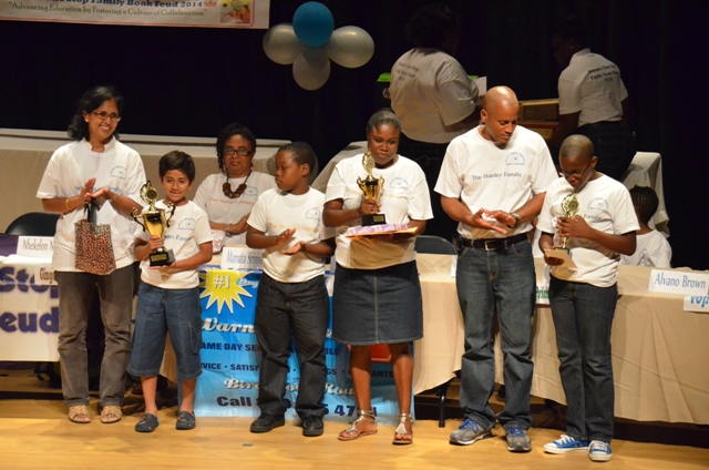 Winners of the 5th annual Warner’s One Stop Family Book Feud (l-R) first place Mamata and Hrishikesh Shrinivasan of the Montessori Academy, second place Veron and Steve Walters of the Elizabeth Pemberton Primary School and third place Stephen and Renado Hanley of the Charleston Secondary School