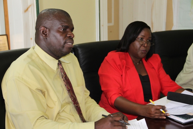 Orette Smith TVET Coordinator in Nevis in the Ministry of Education and Permanent Secretary in the Ministry of Education Mrs. Lornette Queeley-Connor during a mission visit to Nevis on May 28, 2014