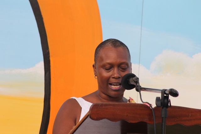 Chairperson of the Culturama 40 Central Committee Deborah Tyrell delivering remarks at the official launch of participants in the Culturama 40 Miss Culture Queen Pageant, Miss Culture Swimwear and the Mr. Kool Contests downtown Charlestown on June 13, 2014